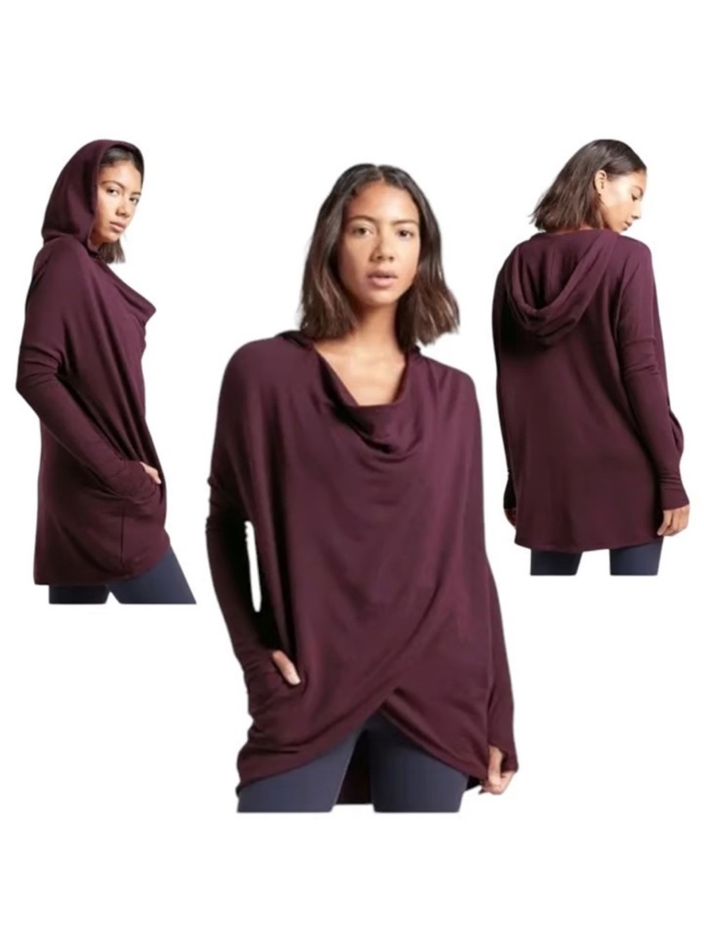 Athleta Burgundy Draped Cowl Hooded Tunic Sweater